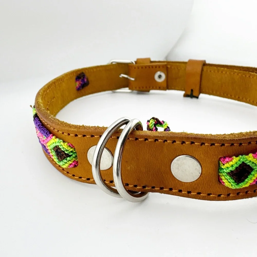 Genuine Leather Dog Collar‎ Woven Aztec Pattern Adjustable Metal Buckle D Ring